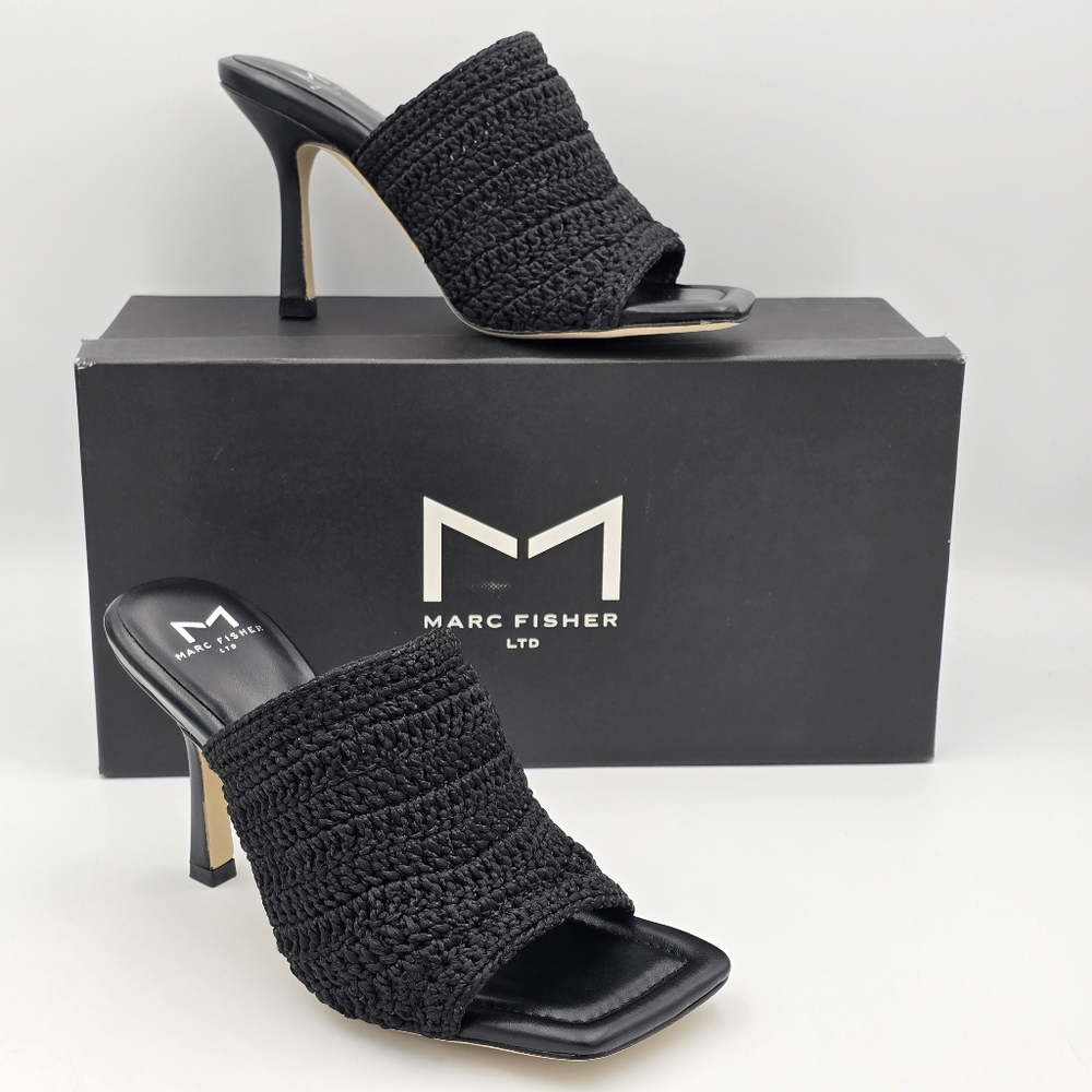 NIB Marc Fisher LTD Dako Square Toe Slip-on Heeled Dress Sandals—Black Crochet—6
